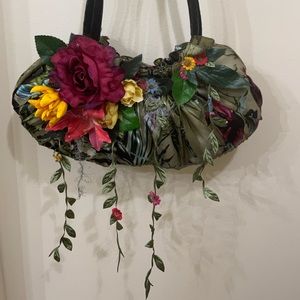 Mary Frances Floral Satin Handbag Satchel Velvet Green Black Burgundy Yellow